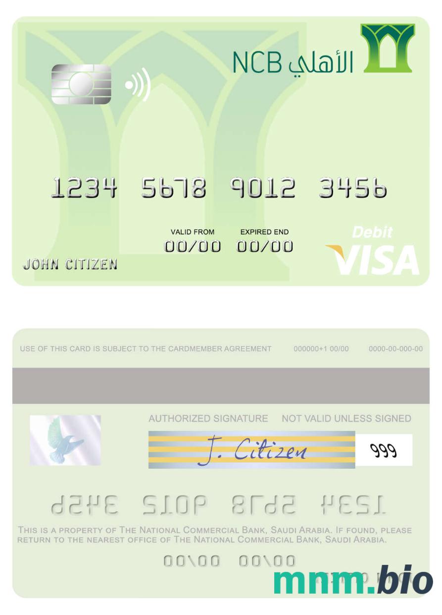 Saudi Arabia The National Commercial Bank visa debet karta przykład w formacie PSD